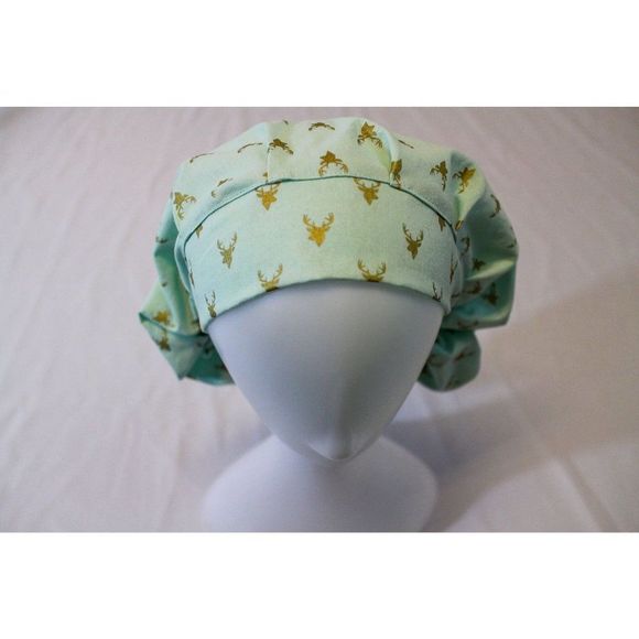 Mint & Gold Deer Bouffant Surgical Dental Scrub Cap Chemo Hat - Picture 2 of 4